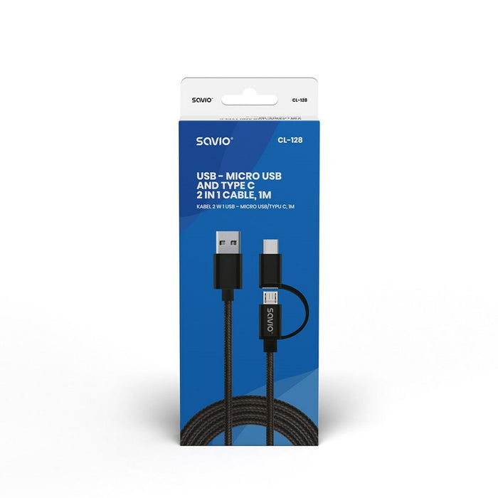 Cablu USB la Micro USB și USB C Savio CL-128 Negru 1 m