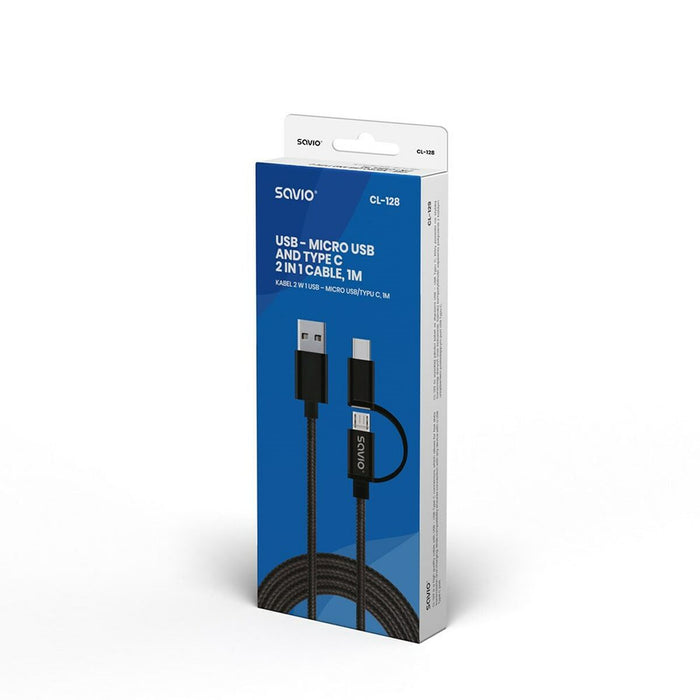 Cablu USB la Micro USB și USB C Savio CL-128 Negru 1 m