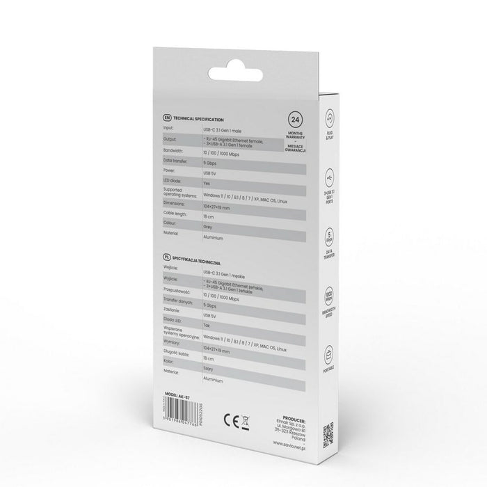 Hub USB-C 4 Porturi Savio AK-57 Ethernet (RJ-45) Gri