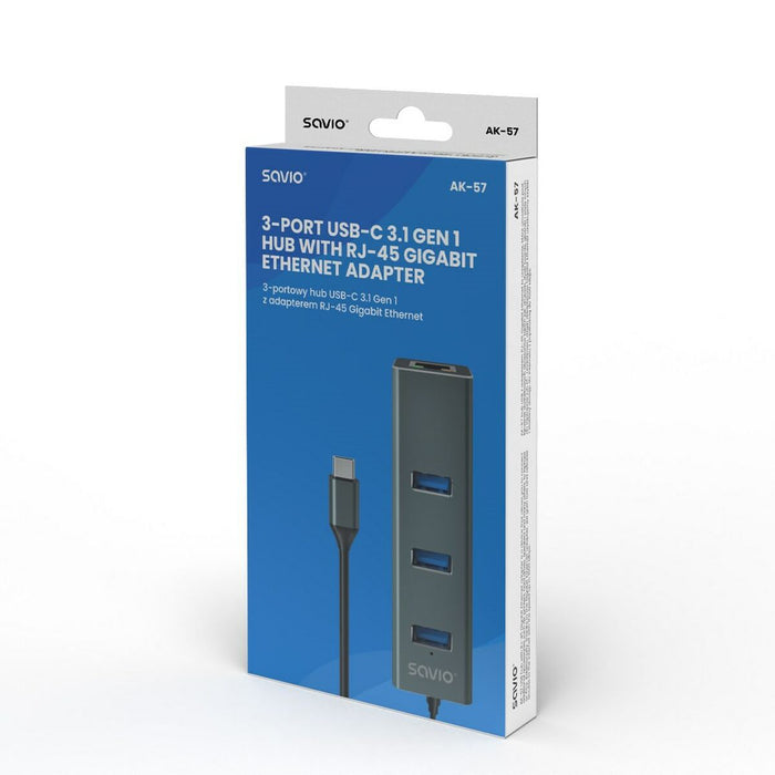 Hub USB-C 4 Porturi Savio AK-57 Ethernet (RJ-45) Gri
