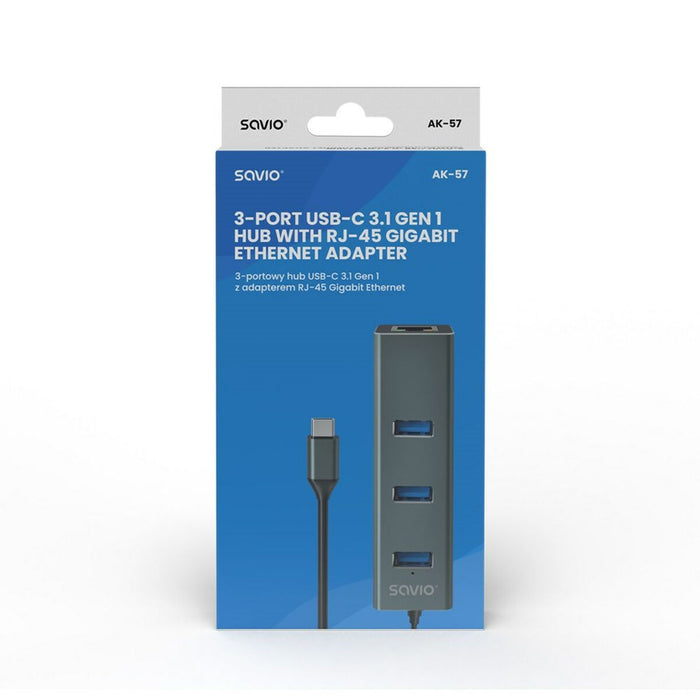 Hub USB-C 4 Porturi Savio AK-57 Ethernet (RJ-45) Gri