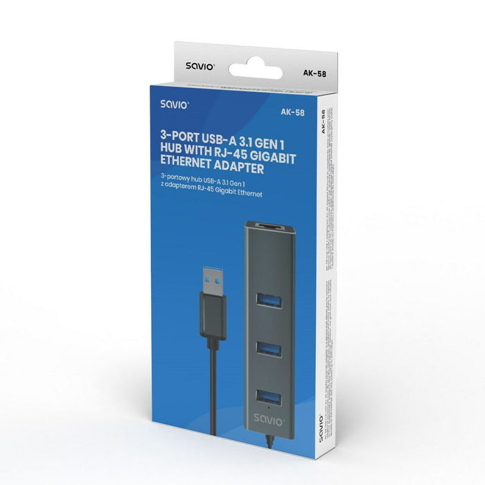 Hub USB 4 Porturi Savio AK-58 Ethernet (RJ-45) Gri