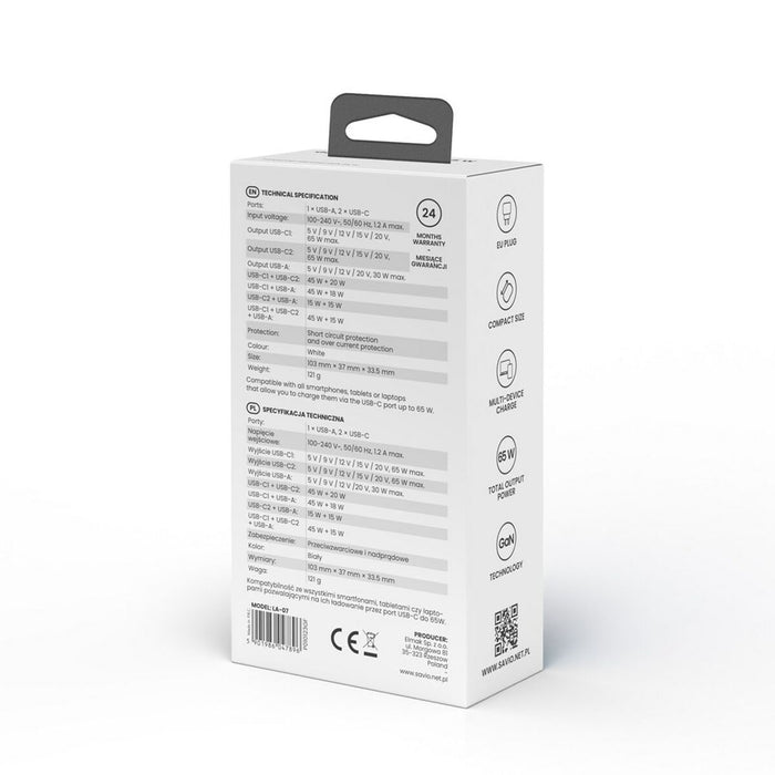 Încărcător de Perete Savio LA-07 Alb 65 W
