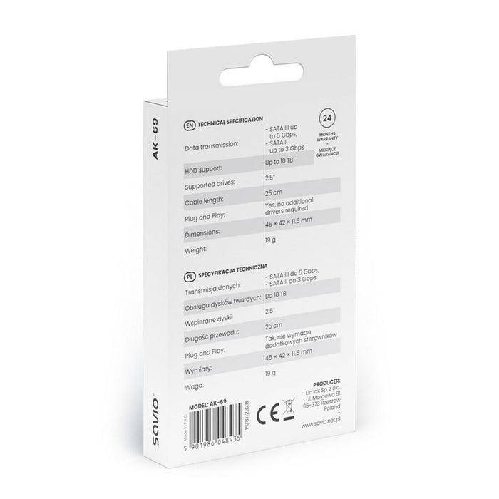 Adaptor USB la SATA pentru Hard Disk Savio AK-69 25 cm
