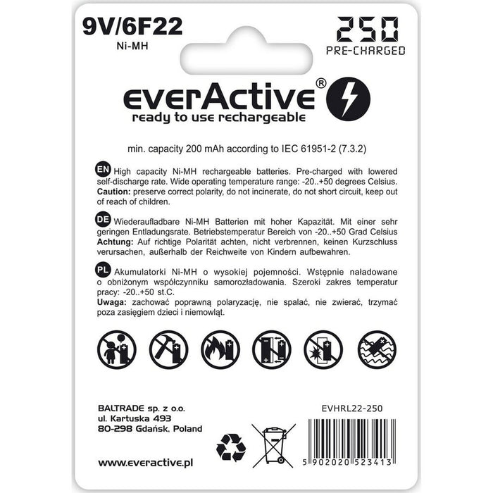 Baterii Reîncărcabile EverActive EVHRL22-250 6F22 200 mAh 9 V