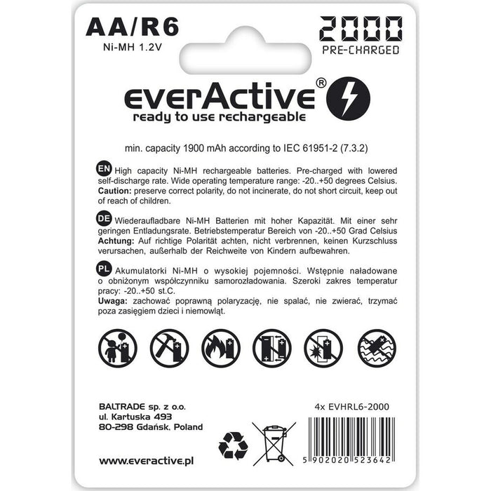 Baterii Reîncărcabile EverActive EVHRL6-2000 AA LR6 1,2 V 3.7 V