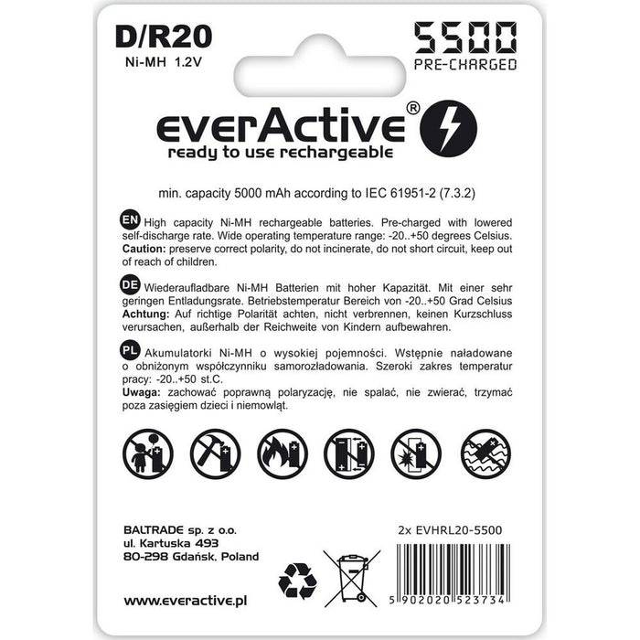 Baterie reîncărcabilă EverActive EVHRL20-5500 5000 mAh 1,2 V (2 Unități)