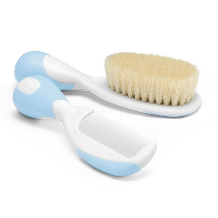Perie și pieptene, Chicco, peri din mătase naturală, albastru, 0+ luni