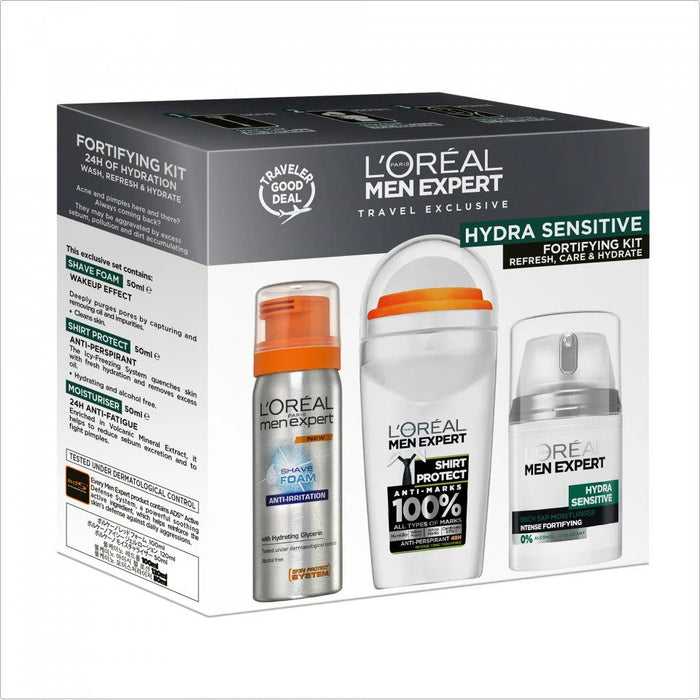 Set de îngrijire L'Oreal Paris Men Expert Hydra Sensitive, pentru bărbați: spumă de ras 50 ml + antiperspirant 50 ml + cremă de față 50 ml