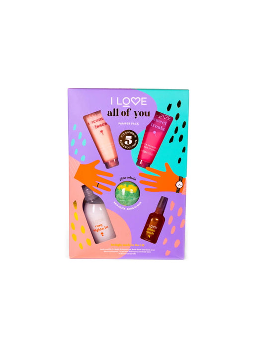 Set de îngrijire corporală I Love All Of You, 5 piese: loțiune 75 ml + bombă de baie 120 g + spray 100 ml + geluri de duș 2 x 75 ml