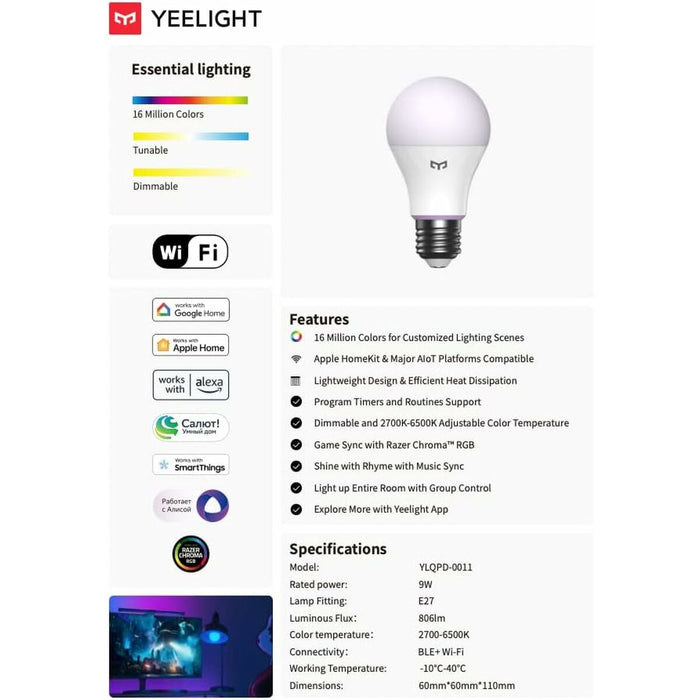 Bec Inteligent Yeelight YLQPD-0011 Alb Multicolor F 9 W E27 806 lm (2700 K) (6500 K)