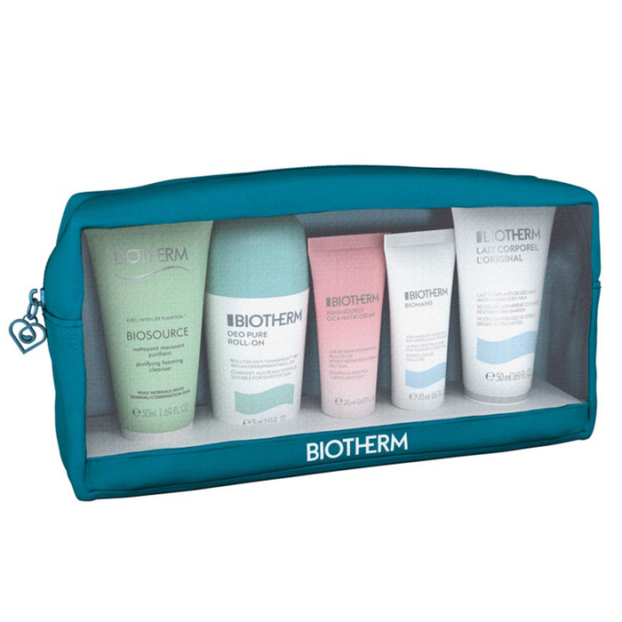 Set Biotherm, lapte de corp 50 ml + spumă de curățare 50 ml + deodorant roll-on 50 ml + cremă de mâini 20 ml + cremă de față 20 ml