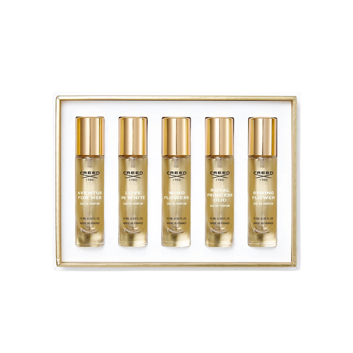 Set Creed Aventus + Love in White + Wind Flowers + Royal Princess Oud + Spring Flower, pentru femei, apă de parfum, 5 x 10 ml