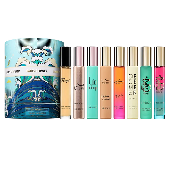Set Paris Corner, ape de parfum unisex: Taskeen Marina + Taskeen Caramel Cascade + December Vanilla + Khair Confection + Khair Pistachio, 15 ml