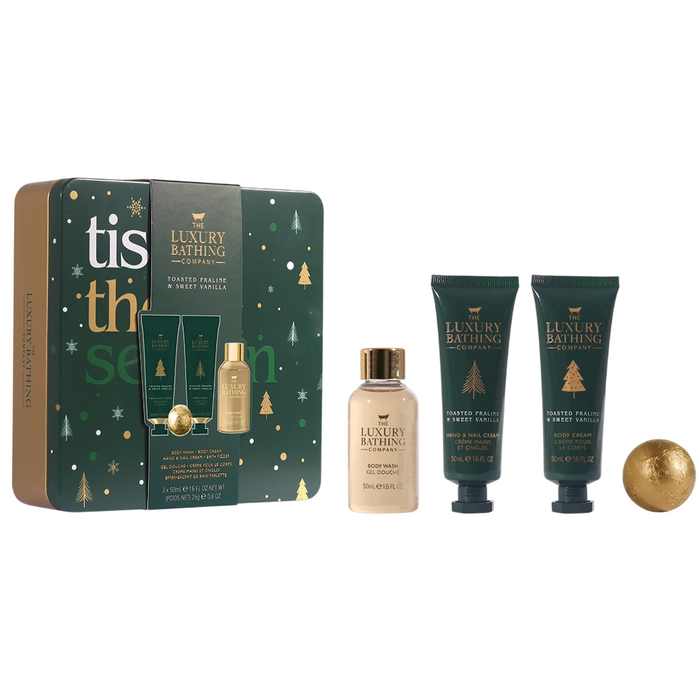 Set The Luxury Bathing Company Toasted Praline & Sweet Vanilla: cremă de mâini 50 ml + cremă de corp 50 ml + gel de duș + bombă de baie 25 g