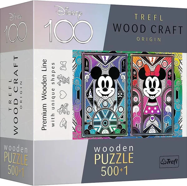 Puzzle din lemn Trefl Disney 100 Wood Craft Origin, Mickey și Minnie Mouse, 500+1 piese