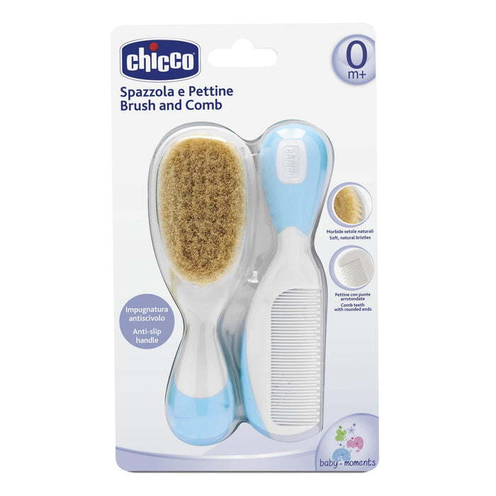 Perie și pieptene, Chicco, peri din mătase naturală, albastru, 0+ luni