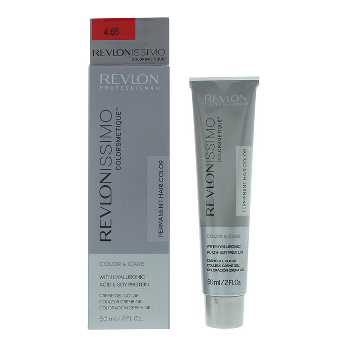 Vopsea permanentă de păr Revlon Revlonissimo Colorsmetique, nuanța 4.65 Medium Mahogany Red Brown, cu acid hialuronic și proteine din soia, 60 ml