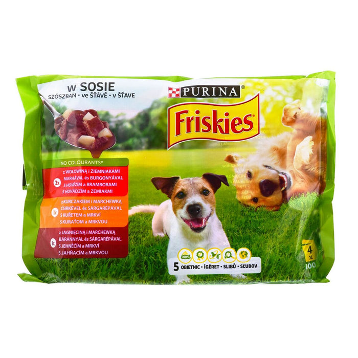 Hrană umedă Purina Friskies Pui Vițel Carne de oaie Cartofi Morcov 4 x 100 g