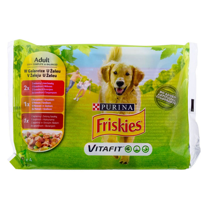 Hrană umedă Purina Friskies Pui Vițel Carne de oaie Mazăre Fasole verde Morcov 4 x 100 g