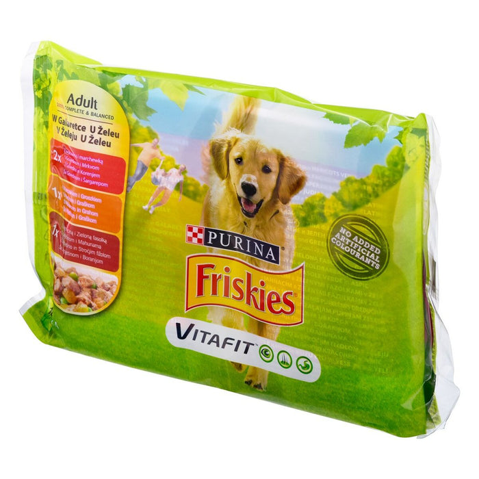 Hrană umedă Purina Friskies Pui Vițel Carne de oaie Mazăre Fasole verde Morcov 4 x 100 g