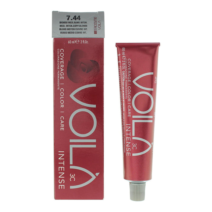Vopsea permanentă de păr Intercosmo Voila 3C Intense, nuanța 7.44 Medium Intense Copper Blonde, 60 ml