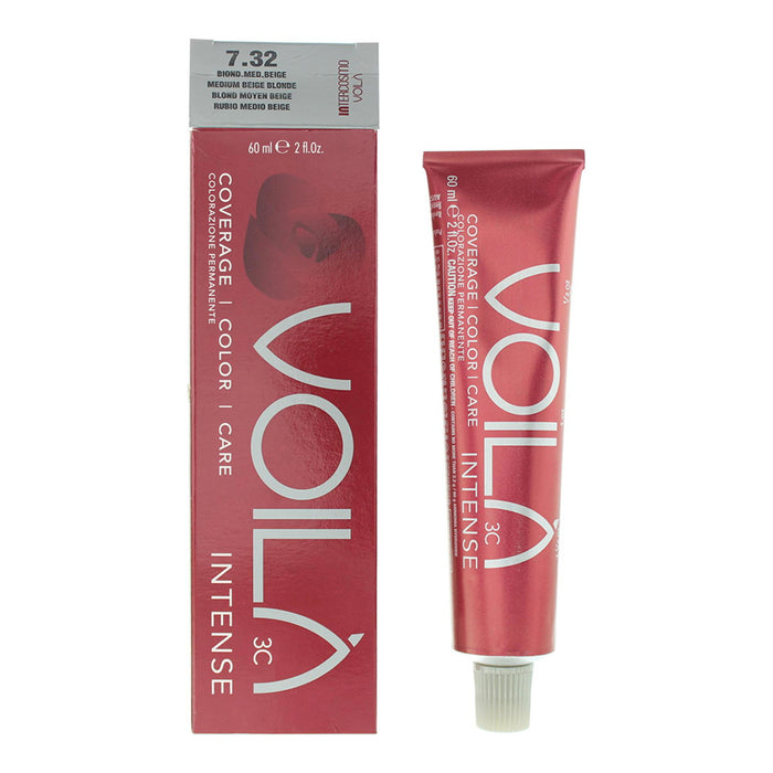 Vopsea permanentă de păr Intercosmo Voila 3C Intense, nuanța 7.32 Medium Beige Blonde, 60 ml