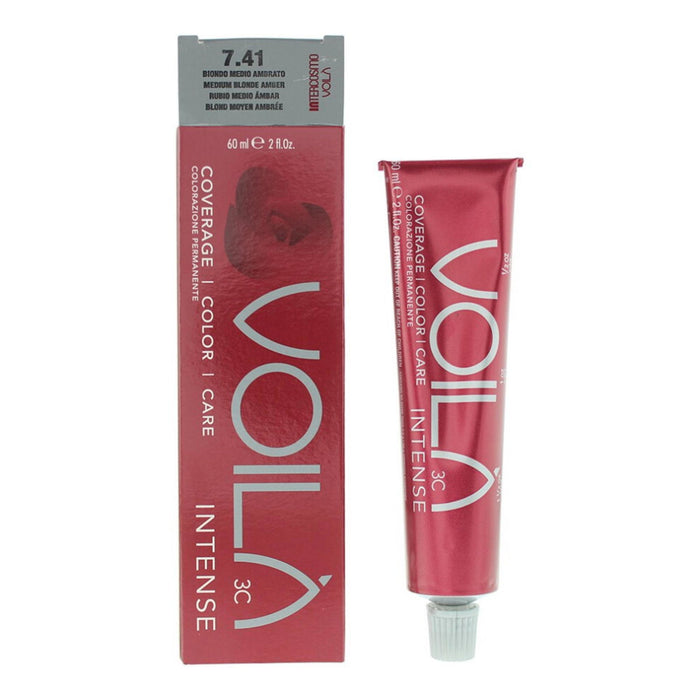 Vopsea permanentă de păr Intercosmo Voila 3C Intense, nuanța 7.41 Medium Blonde Amber, 60 ml