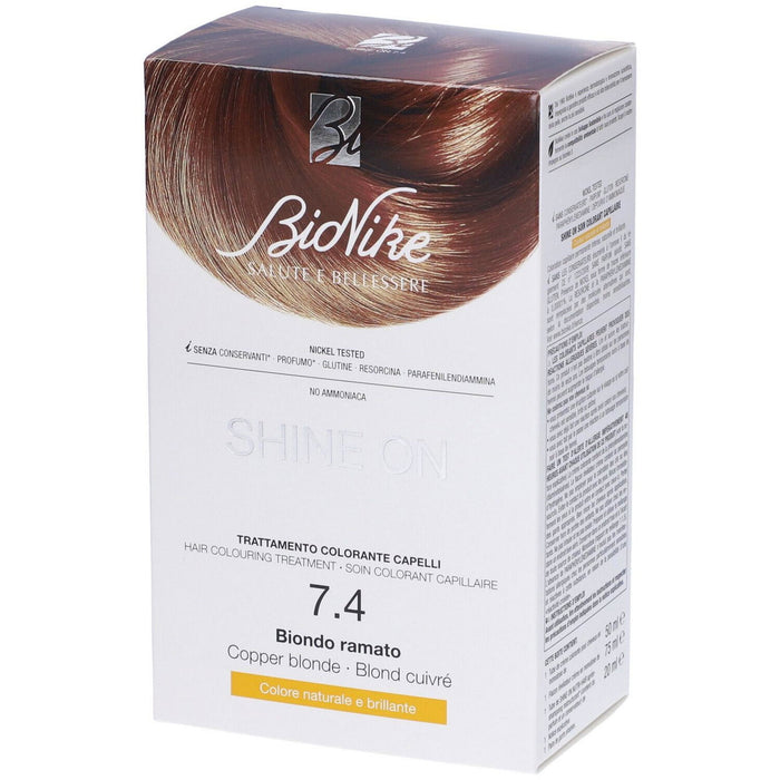 Vopsea permanentă de păr BioNike Shine On, nuanța 7.4 Copper Blonde, 145 ml