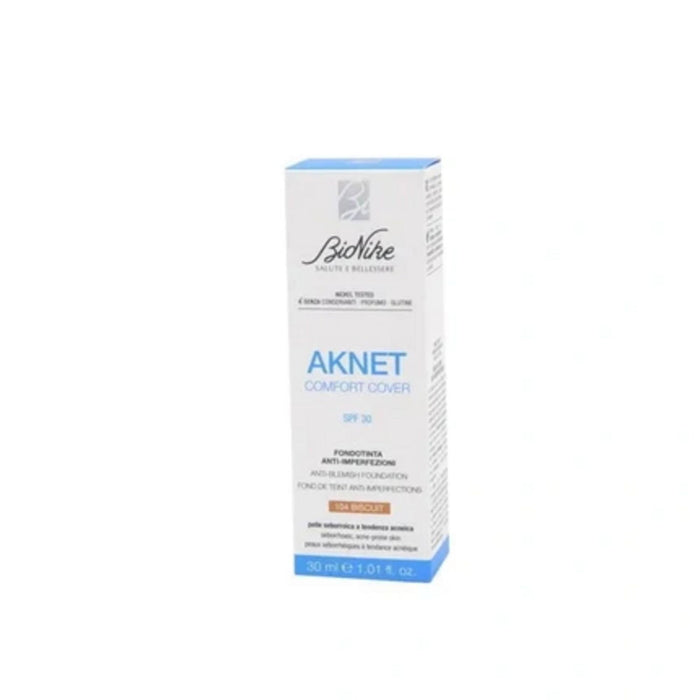 Fond de ten lichid BioNike AKNET Comfort Cover, anti-imperfecțiuni, nuanța 104 Biscuit, SPF 30, 30 ml