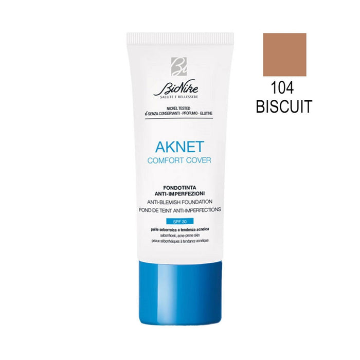 Fond de ten lichid BioNike AKNET Comfort Cover, anti-imperfecțiuni, nuanța 104 Biscuit, SPF 30, 30 ml