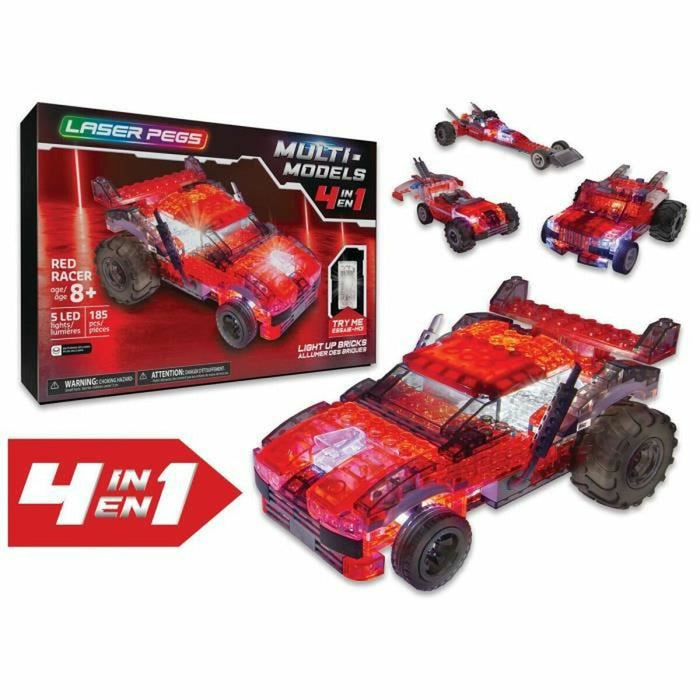 Vehicule de Construcție Laser Pegs Red Vehicle - 4 in 1 + 8 Ani Lumină LED 185 Piese