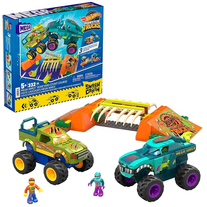 Set de construcție Mattel Mega Bloks Hot Wheels Monster Trucks, Mega-Wrex Bone Yard Stunt Course, 332 piese, 5+ ani