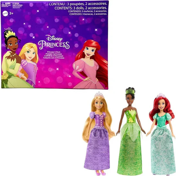Set de 3 păpuși Mattel Disney Princess, Rapunzel, Tiana și Ariel, 2 accesorii, 3+ ani