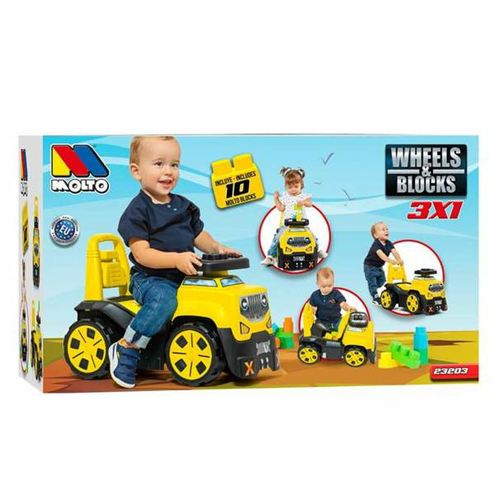 Mașină-Premergător Moltó 3x1 Wheels & Blocks Galben 89 cm 10 Piese