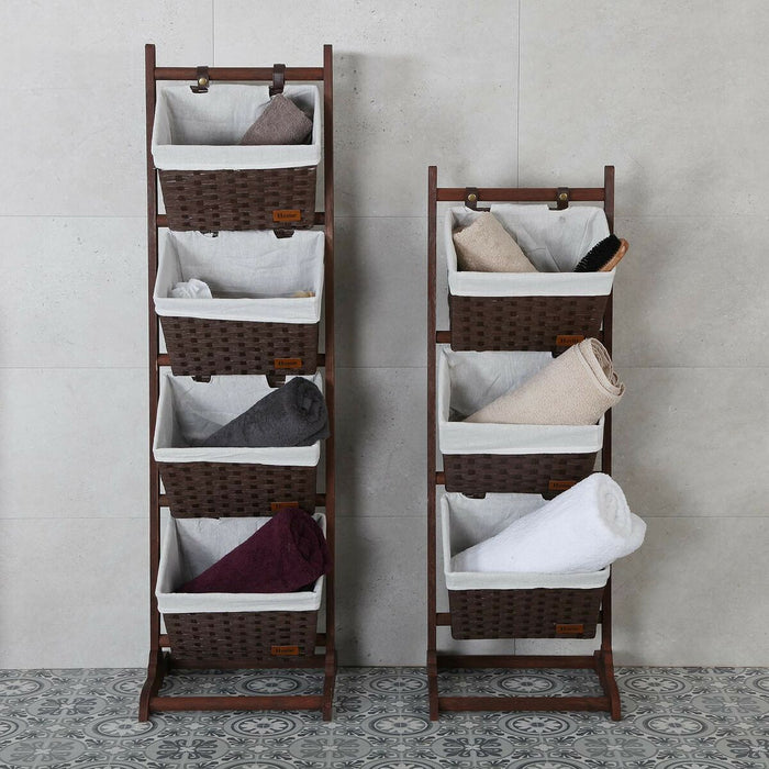Raft de Baie Versa Maro închis 3 Coșuri Maro Multicolor Bumbac Lemn Ratan 35 x 102 x 35 cm