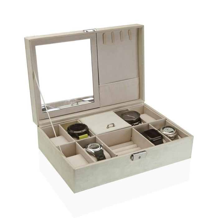 Cutie de ceasuri Versa Crem Кадифе Lemn Imitație de piele Oglindă Lemn MDF 20 x 8,5 x 30 cm