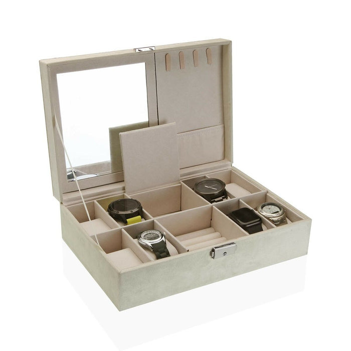 Cutie de ceasuri Versa Crem Кадифе Lemn Imitație de piele Oglindă Lemn MDF 20 x 8,5 x 30 cm