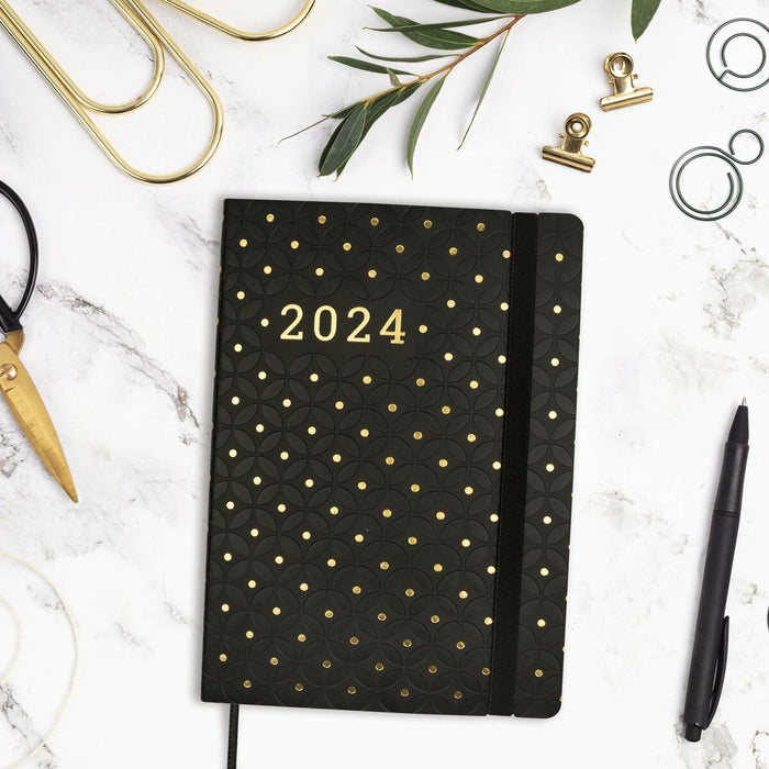 Agendă Finocam Flexy Joy Dotts 2024 Negru Auriu* A5 14,8 x 21 cm