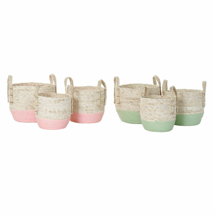 Set de Coșuri DKD Home Decor Natural Roz Verde Fibră naturală 30 x 30 x 32 cm Boho (2 Unități)