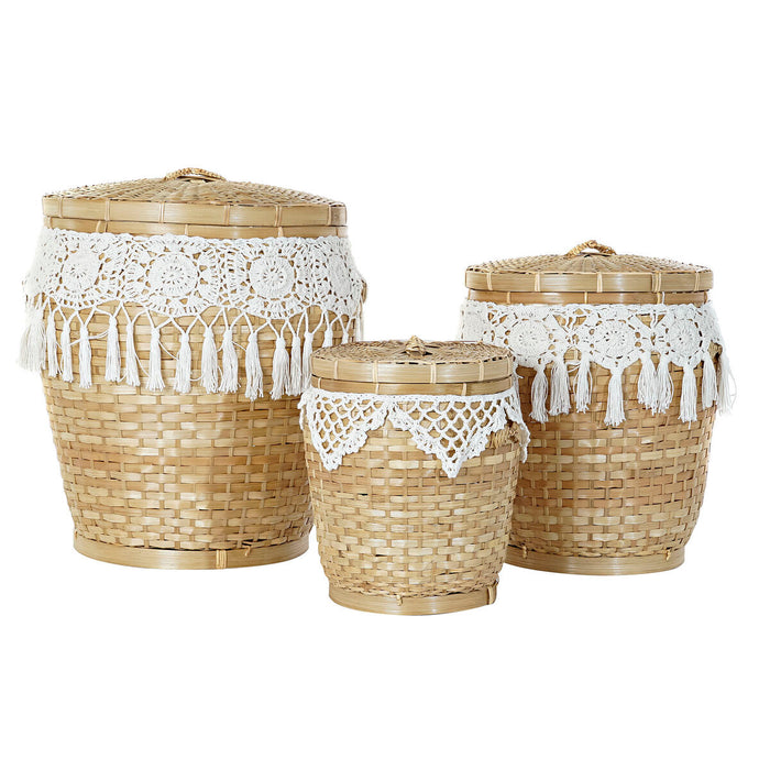 Set de Coșuri DKD Home Decor Alb Natural Bambus Boho 39 x 39 x 45 cm