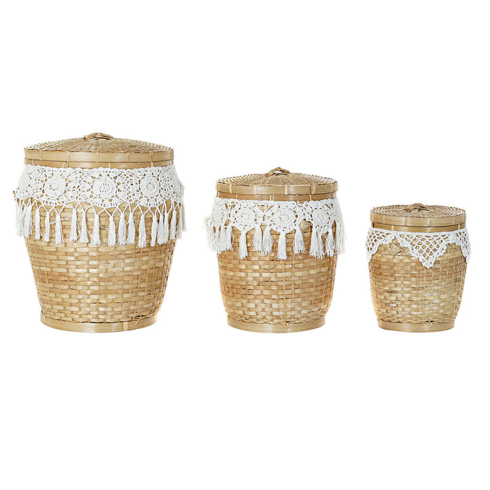 Set de Coșuri DKD Home Decor Alb Natural Bambus Boho 39 x 39 x 45 cm
