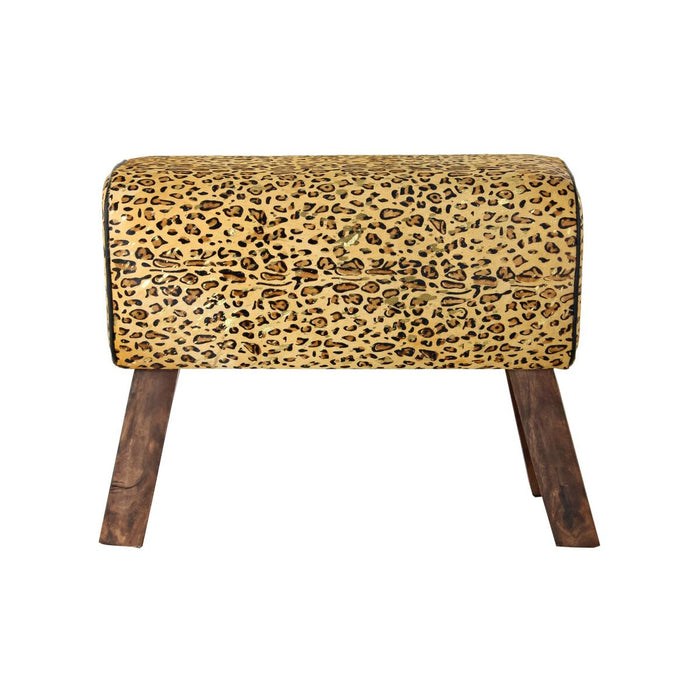 Suport pentru Picioare DKD Home Decor Negru Lemn Maro Piele Leopard (67 x 30 x 51 cm)