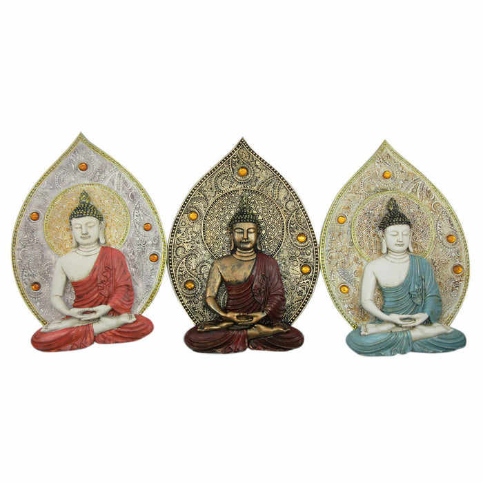 Decorațiune de Perete DKD Home Decor Albastru Roșu Auriu* Buda Oriental 19,3 x 3,7 x 27,3 cm (3 Piese)