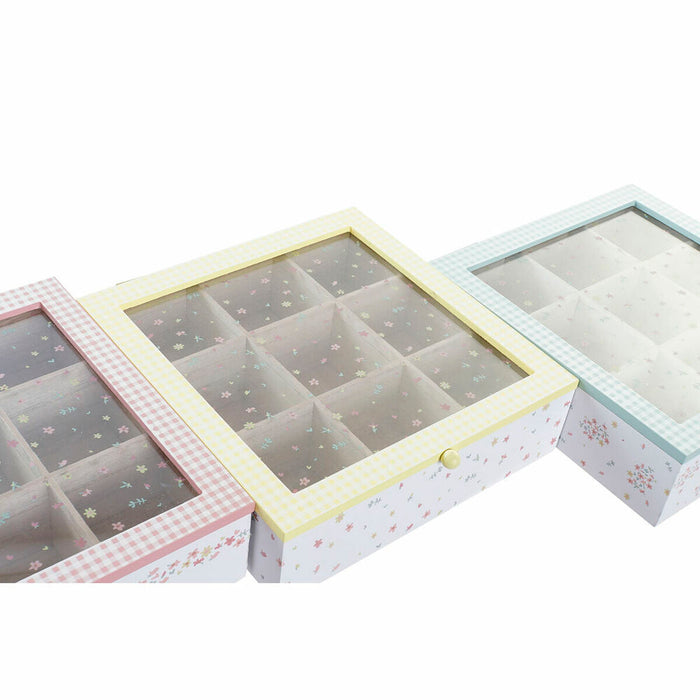 Cutie pentru infuzii DKD Home Decor Galben Roșu Verde Metal Geam Lemn MDF 3 Piese 24 x 24 x 7 cm