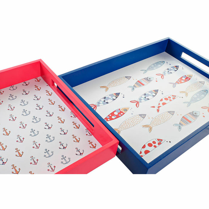 Tavă pentru gustari DKD Home Decor Albastru Coral Lemn MDF Mediterană 40 x 30 x 5 cm (2 Unități)