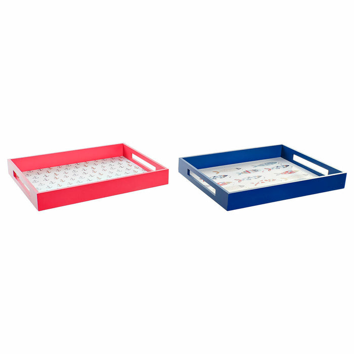 Tavă pentru gustari DKD Home Decor Albastru Coral Lemn MDF Mediterană 40 x 30 x 5 cm (2 Unități)