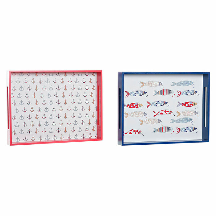 Tavă pentru gustari DKD Home Decor Albastru Coral Lemn MDF Mediterană 40 x 30 x 5 cm (2 Unități)