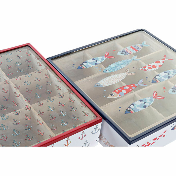 Cutie pentru infuzii DKD Home Decor Multicolor Coral Metal Geam Lemn MDF 24 x 24 x 6,5 cm (2 Unități)