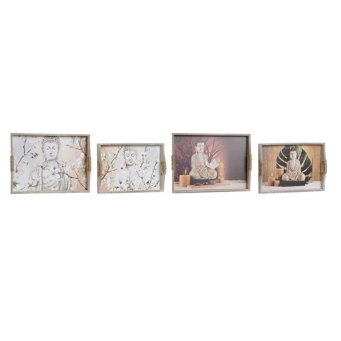 Set de Tăvi DKD Home Decor Natural Buda Multicolor Oriental 40 x 30 x 6 cm Lemn MDF (2 Unități)